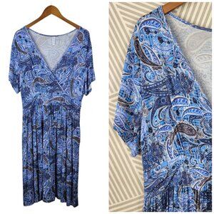 Plus Size Dress 2X 2XL Casual Stretch Blue Paisley Flare Wrap Top Surplice